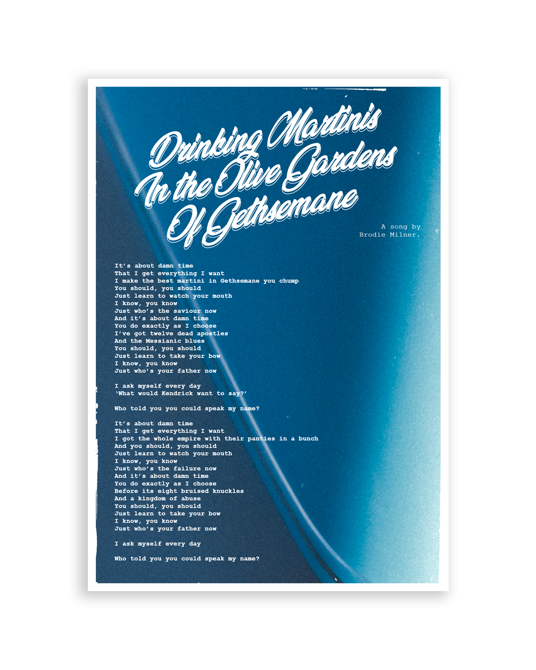 Signed A5 Lyric Sheet - Drinking Martinis in the Olive Gardens of Gethsemane